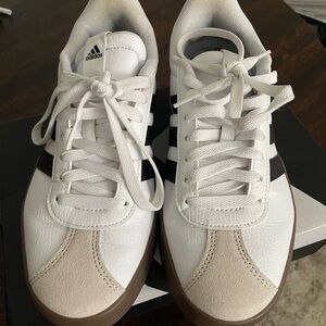 Adidas White and Black Sneakers with Tan Accents